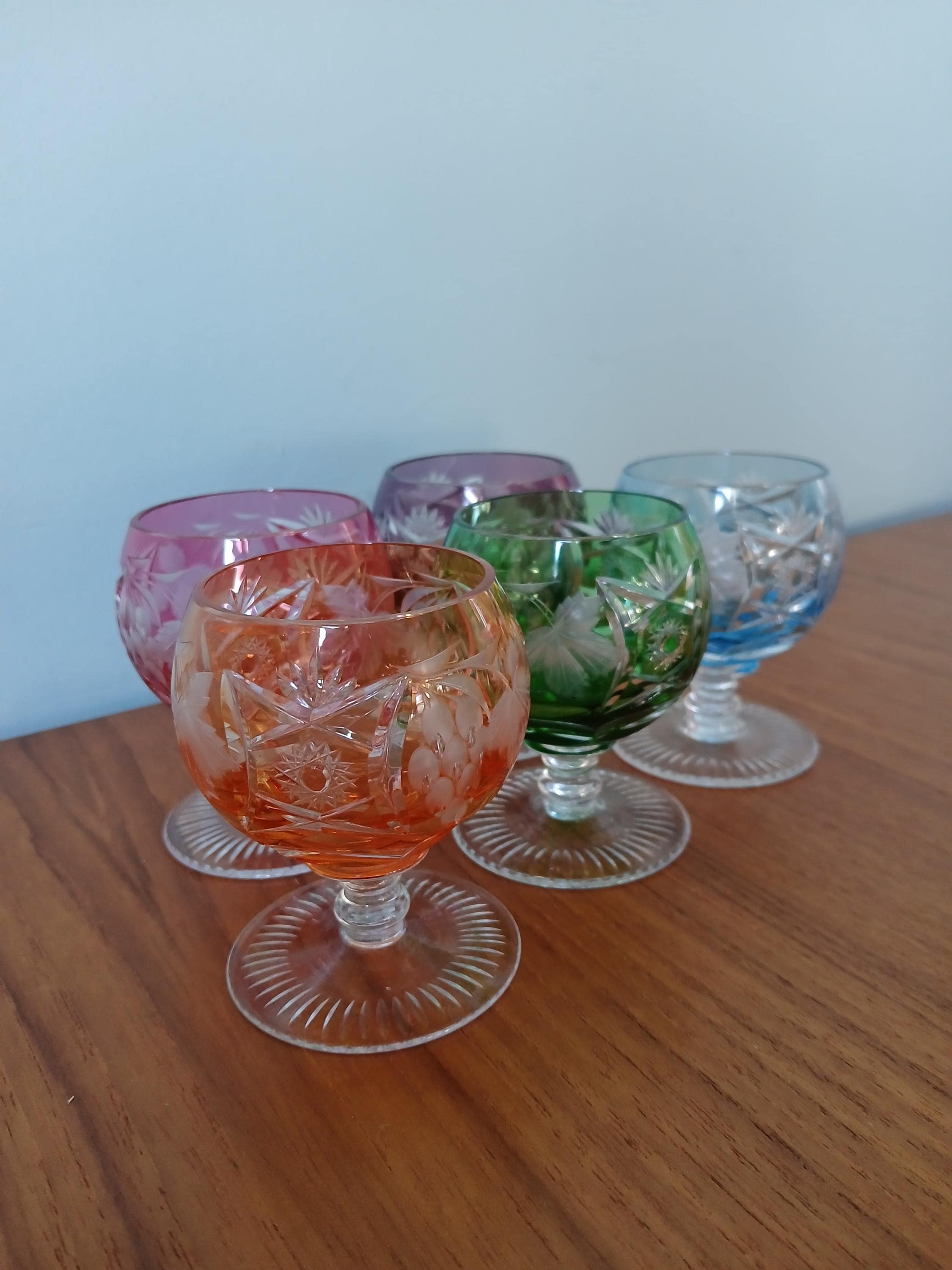 Set 5x bunte vintage Likörgläser Nachtmann Traube Glas antik Kelch bunt Kristallglas Römerglas Kristallglas Facettenschliff Likörglas Römer