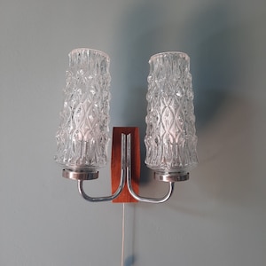vintage wall lamp teak crystal glass 1960s Mid Century Modern Danish Design 60s light glass shade wood reading lamp bedroom lamp