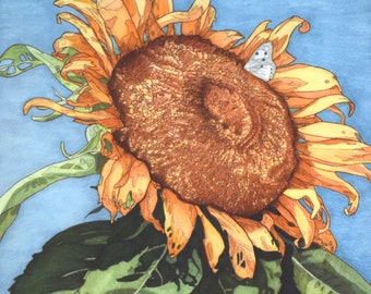 Sunflower, Butterfly, DjHoskinsArt, Illustration Markers, Colored Pencil, Giclee Print, Art Print