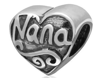 Nana Grandmother Grandma Heart Shape Charm Bead Genuine 925 Sterling Silver