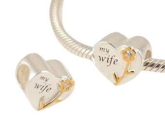 Wife Love My Wife Heart Shape Charm Bead Genuine 925 Sterling Silver