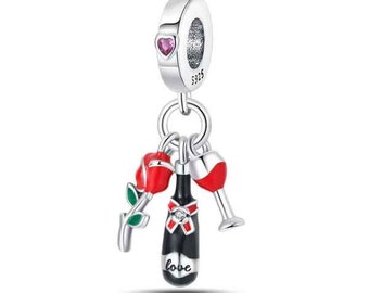 Bottle Of Wine, Red Rose and Wine Glass  Bead Dangle Genuine 925 Sterling Silver