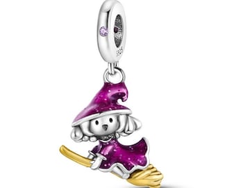 Witch Riding Broomstick Charm Bead Dangle Genuine 925 Sterling Silver