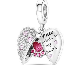 Paw Prints On My Heart Dangle Charm Genuine 925 Sterling Silver