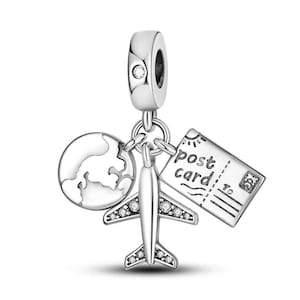Pendentif carte postale globe avion en argent sterling 925 véritable