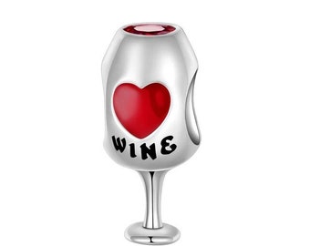Wine Glass Charm Bead Genuine 925 Sterling Silver