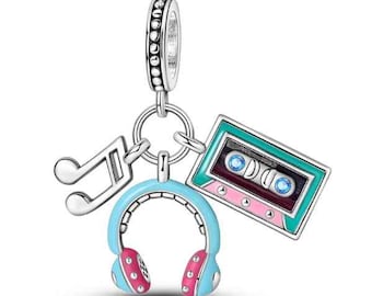 Music Tape And Headphones Charm Bead Dangle Genuine 925 Sterling Silver