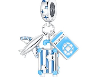 Blue Suitcase Passport plane Travel Holiday Dangle Charm Bead 925 Sterling Silver
