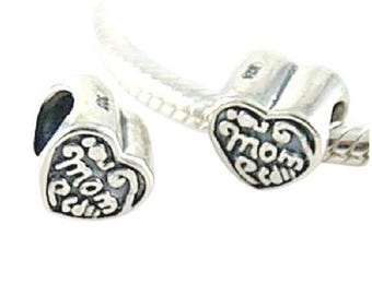 Mum Mom I Love Mom Heart Shape Charm Bead Genuine 925 Sterling Silver