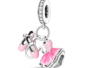 Ballet Dress and Ballet Shoes Bead Dangle Genuine 925 Sterling Silver