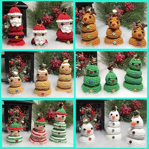 Può includere: Una collezione di 10 decorazioni natalizie fatte a mano all'uncinetto. Le decorazioni sono a forma di Babbo Natale, renne e alberi di Natale. Le decorazioni sono decorate con bottoni e perline colorati.