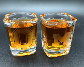 Ohio State vs. Michigan Rivalry Shot Glass Set | Etched Block O and M Team Letters