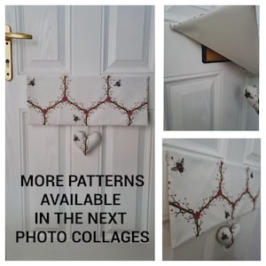 May include: White door with a decorative fabric panel featuring a honeycomb pattern with bees and flowers. The text "More Patterns Available In The Next Photo Collages" is printed below the panel.