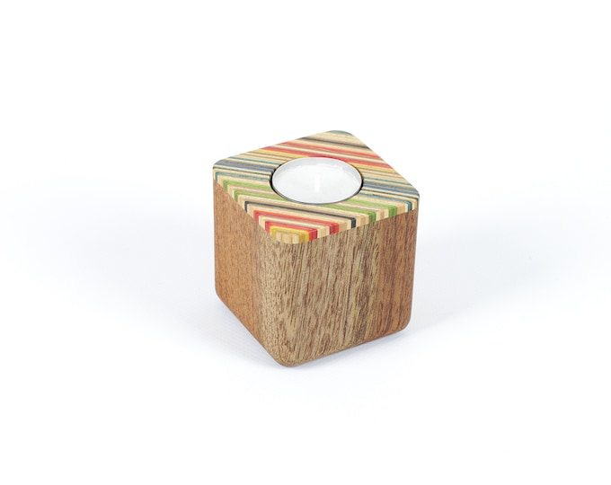 Exotic wood candle holder and recycled skateboards