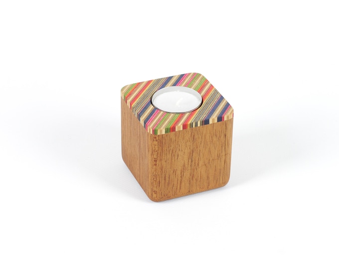 Exotic wood candle holder and recycled skateboards