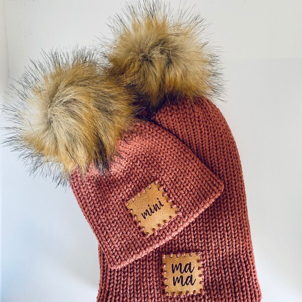 Mama and Mini Matching Beanies | Acrylic Knit, Faux Suede Patch