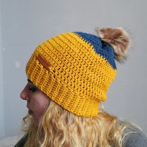 Ochre and Navy Crochet Beanie with pom pom, crochet slouchy hat. image 8