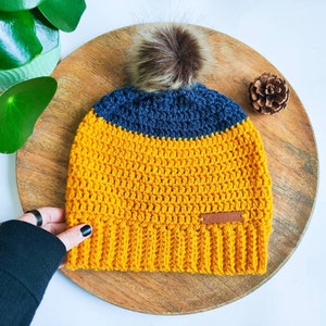 Ochre and Navy Crochet Beanie with pom pom, crochet slouchy hat. image 6