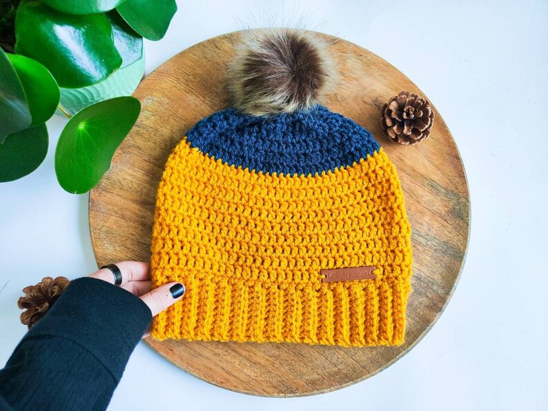 Ochre and Navy Crochet Beanie with pom pom, crochet slouchy hat. image 6