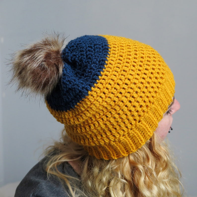 Ochre and Navy Crochet Beanie with pom pom, crochet slouchy hat. image 10