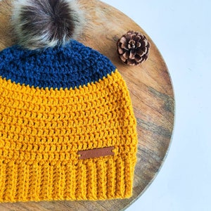 Ochre and Navy Crochet Beanie with pom pom, crochet slouchy hat. image 3