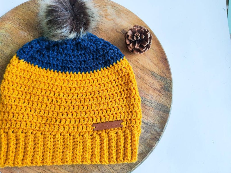 Ochre and Navy Crochet Beanie with pom pom, crochet slouchy hat. image 3