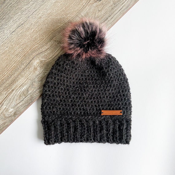 Black Crochet Hat With Detachable Pink 