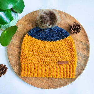 Ochre and Navy Crochet Beanie with pom pom, crochet slouchy hat. image 1