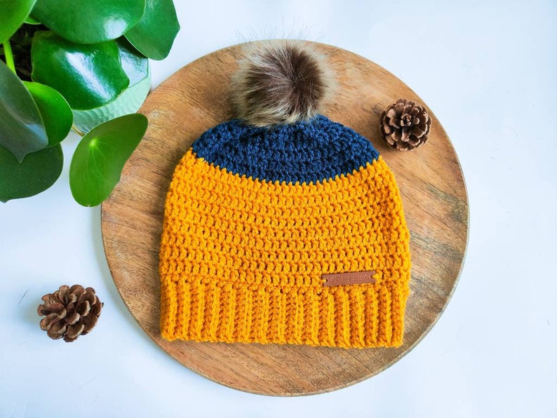 Ochre and Navy Crochet Beanie with pom pom, crochet slouchy hat. image 1