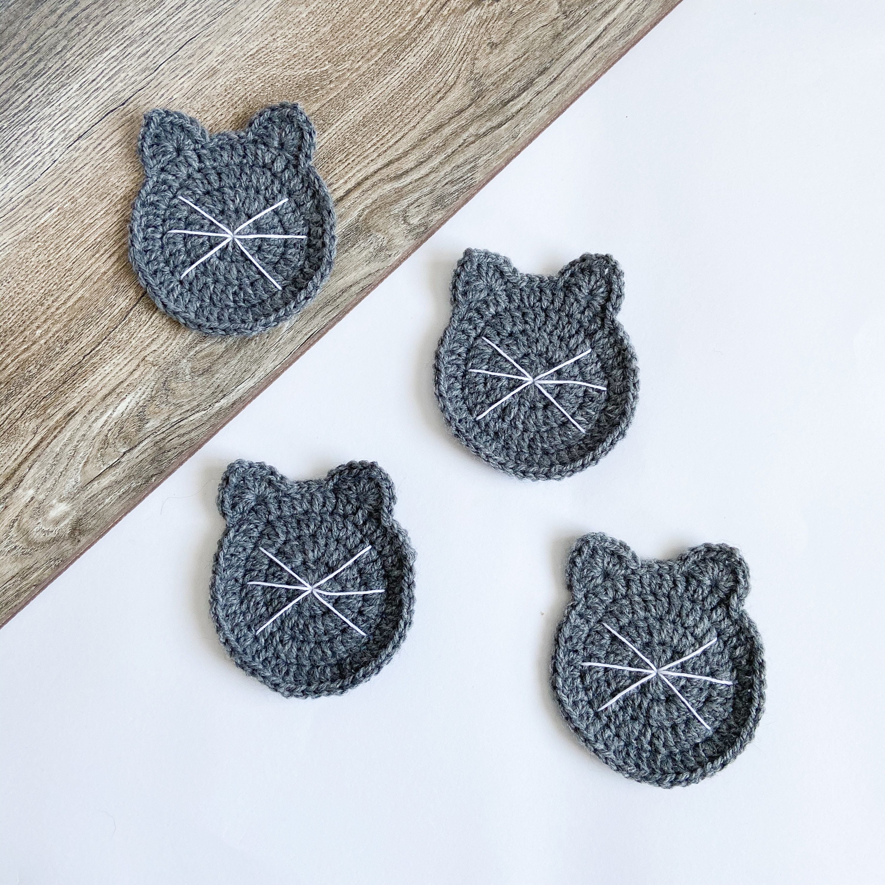 Sous-Verres de Chat Au Crochet Gris avec Moustaches, Ensemble 4, Cadeau Amoureux Des Chats, Sous-Ver