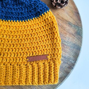 Ochre and Navy Crochet Beanie with pom pom, crochet slouchy hat. image 5