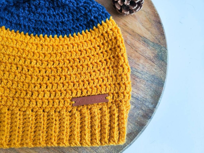 Ochre and Navy Crochet Beanie with pom pom, crochet slouchy hat. image 5