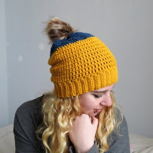 Ochre and Navy Crochet Beanie with pom pom, crochet slouchy hat. image 7