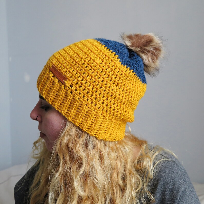 Ochre and Navy Crochet Beanie with pom pom, crochet slouchy hat. image 8