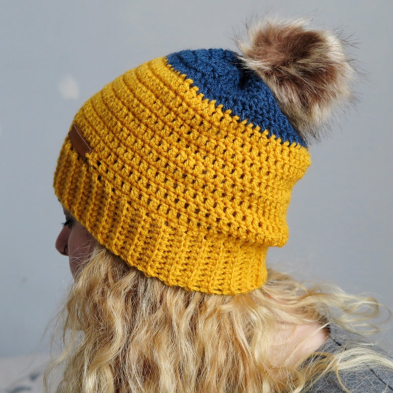 Ochre and Navy Crochet Beanie with pom pom, crochet slouchy hat. image 9