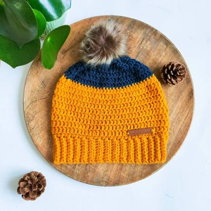 Ochre and Navy Crochet Beanie with pom pom, crochet slouchy hat. image 2