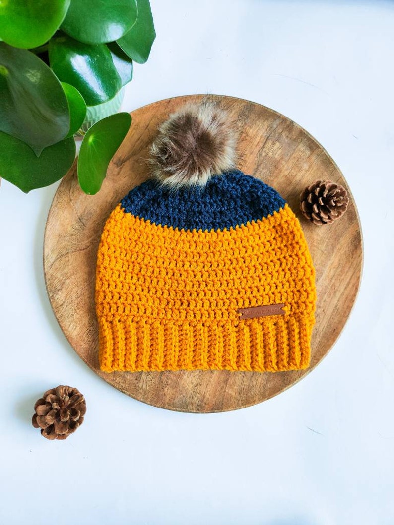 Ochre and Navy Crochet Beanie with pom pom, crochet slouchy hat. image 2