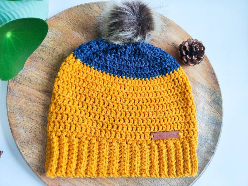 Ochre and Navy Crochet Beanie with pom pom, crochet slouchy hat. image 4