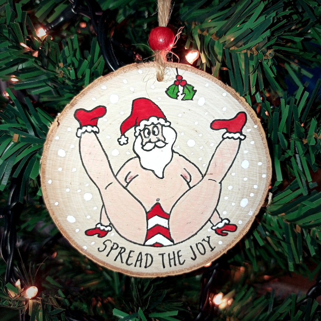 Naughty Santa Wooden Ornament Spreading Joy, Funny Gay Men Gift, Santa Wearing Candy Cane