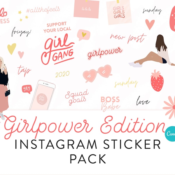 Pack d'autocollants Instagram Girlpower - 100+ autocollants d'histoire Instagram - Icônes dessinées à la main Histoires féminines d'Instagram - Autocollants Instagram Girlboss