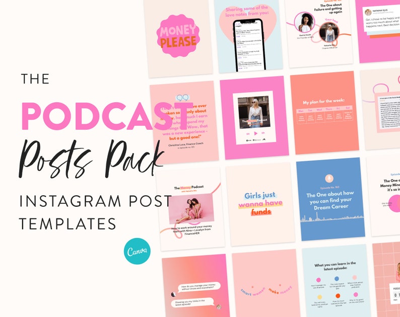 22 Podcast Posts Template Pack for Instagram Canva Post Templates for Podcasters Post Templates for new Podcast episodes & Highlights image 1