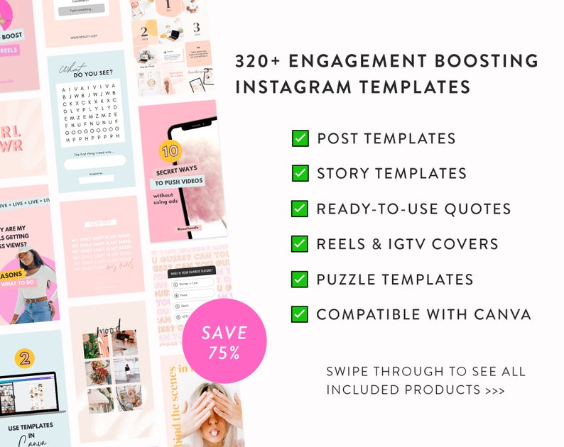Engagement Boost Bundle for Instagram 300 Canva Posts, Story & Puzzle Templates Instagram Templates for Creators and Coaches zdjęcie 2