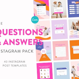 May include: A set of 40 Instagram post templates for questions and answers. The templates feature a pink, orange, and blue colour scheme with various designs, including text boxes, check boxes, and word searches. The text "THE QUESTIONS & ANSWERS INSTAGRAM PACK" is displayed in large, bold, pink letters.
