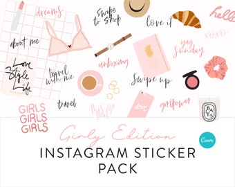 Girly Instagram Sticker Pack - 100+ Story Stickers for Instagram - Handdrawn Icons for your Instagram Stories - Feminine Digital Stickers