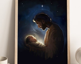 St. Joseph & Newborn Jesus, Joseph in Adoration, Midnight Adoration, Christmas, Catholic Art