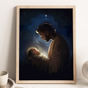 St. Joseph & Newborn Jesus, Joseph in Adoration, Midnight Adoration, Christmas, Catholic Art