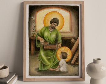 St. Joseph Art Print, St Joseph Carpenter, St Joseph and Jesus, Catholic Art, Saint Art, Catholic gift, Catholic gift