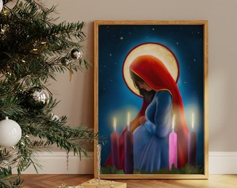 May include: A framed illustration of a woman in a red robe and blue dress, kneeling with her hands clasped in prayer. She is surrounded by four lit candles, three purple and one pink, against a dark blue background with stars.