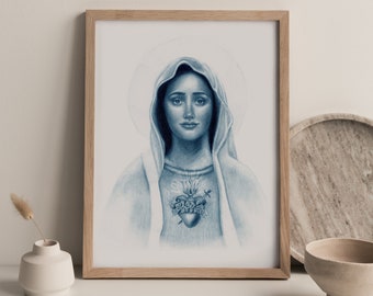 Immaculate Heart of Mary Art Print, Catholic Art, Virgin Mary Art, Catholic gift, Catholic gift