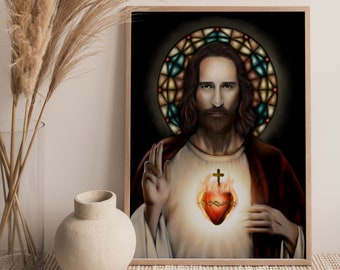 May include: A digital painting of Jesus Christ with a flaming heart and a crown of thorns. The background is a dark blue with a stained glass window.